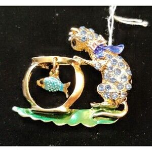 Blue Rhinestone Cat & Fish Bowl Brooch 1.5" Wide X 1.5" Long